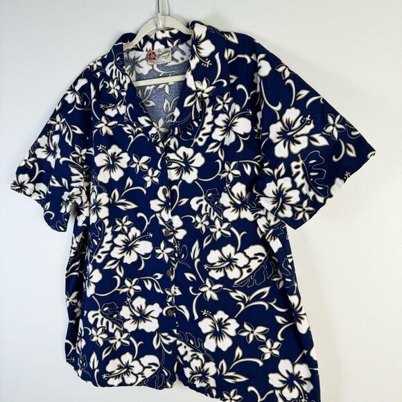 Hilo Hattie Hawaiian Shirt Navy Blue White Tan Floral Bold Button Front Shirt 1X - Picture 2 of 12